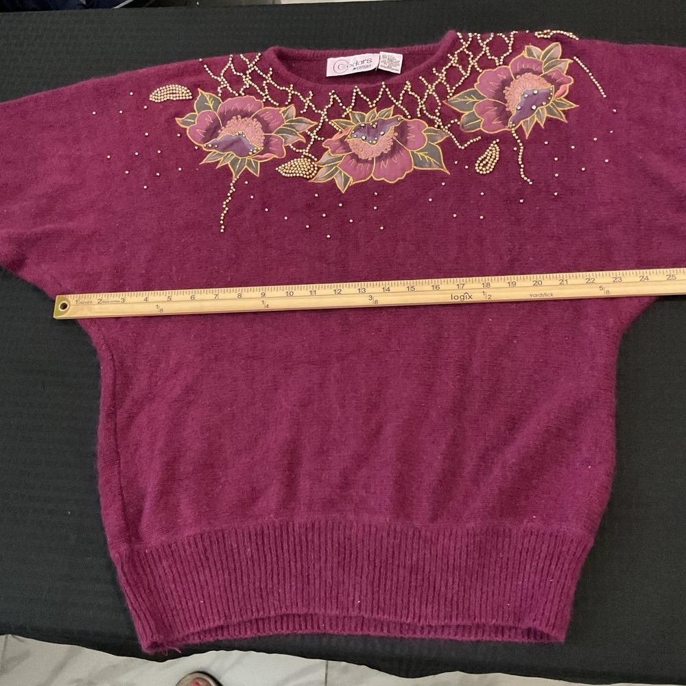 Vintage Cedars Sweater Womens 2X Plus Purple Beaded Floral Angora Knit Pullover - Picture 4 of 5